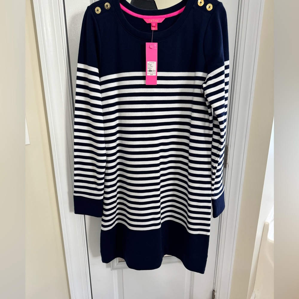 Lilly Pulitzer Kenley Long Sleeve Dress in Navy and White Stripes - Picture 2 of 4